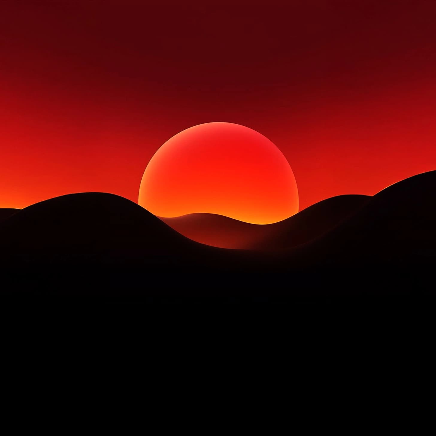 An orange sun glowing above dark dunes