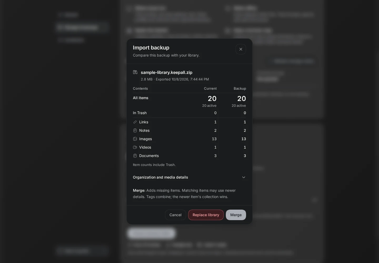 Import first compares the current library with the selected backup. This recording uses a fresh export of the sample library, so the counts match.