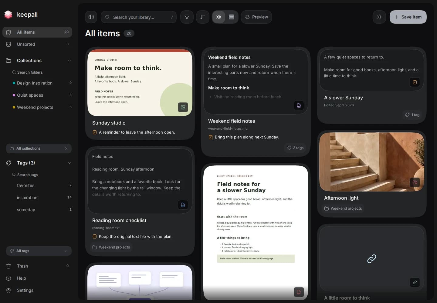 The actual library places an image, a Markdown document, and a note together. Each card gives its content a different amount of space.