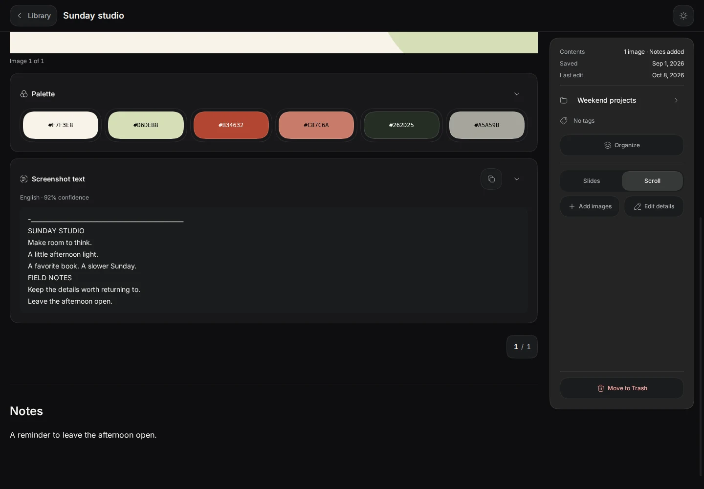 The palette and recognized text sit below the source image. Each result section can close independently.