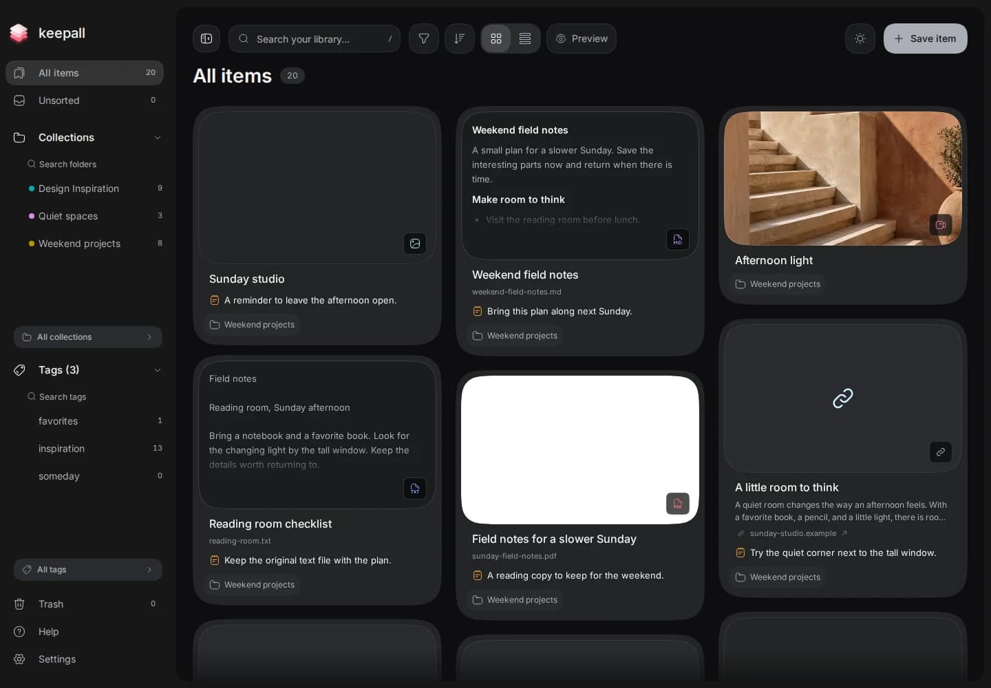The real Keepall library with image, Markdown, video, PDF, text, and article cards.