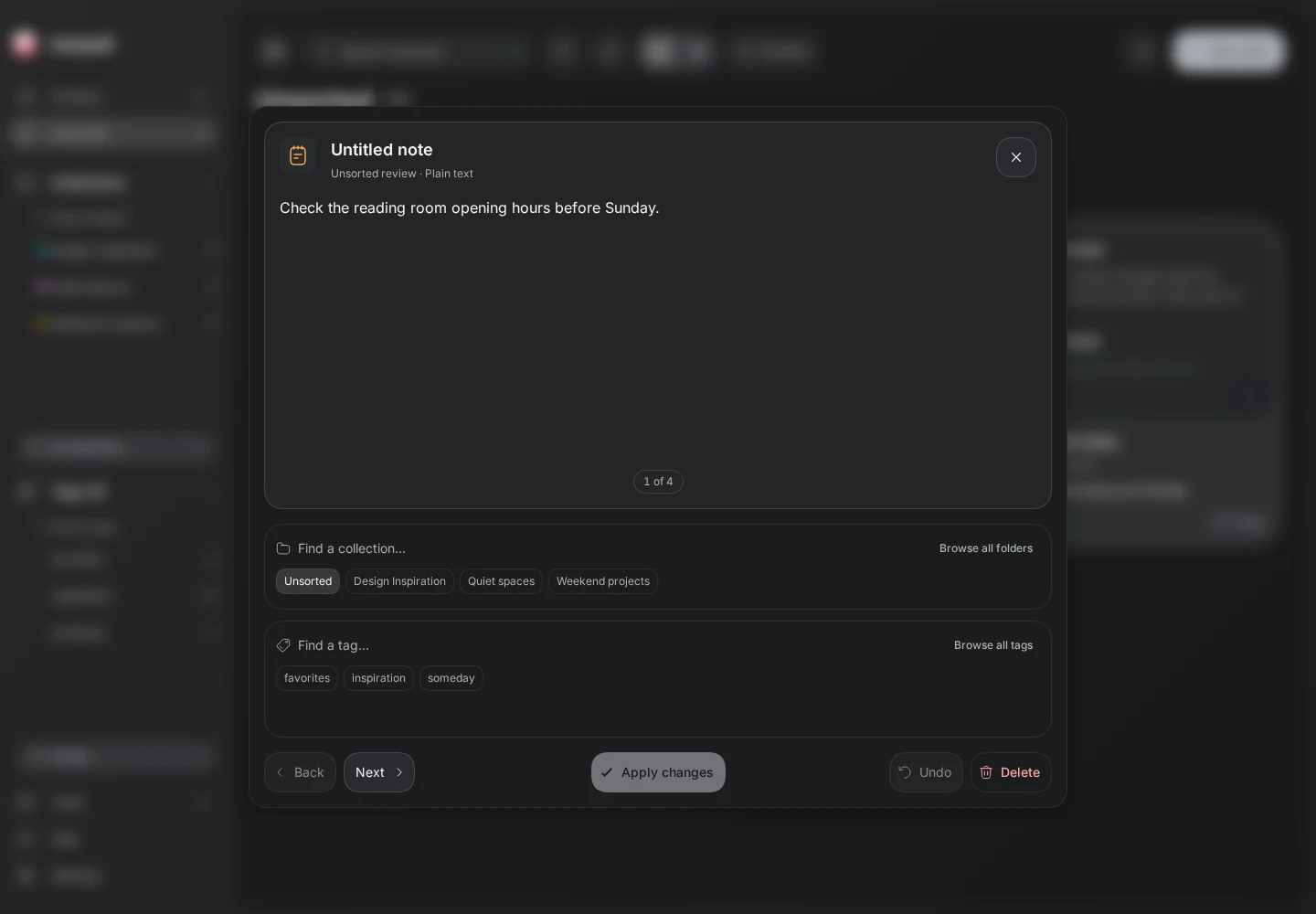 The saved note appears first in Review. The collection and tag controls sit below the content. Next browses without filing the item.