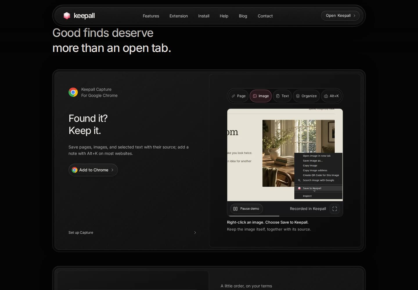 The extension section plays a real Chrome recording. The selected example explains how to save an image with its source.