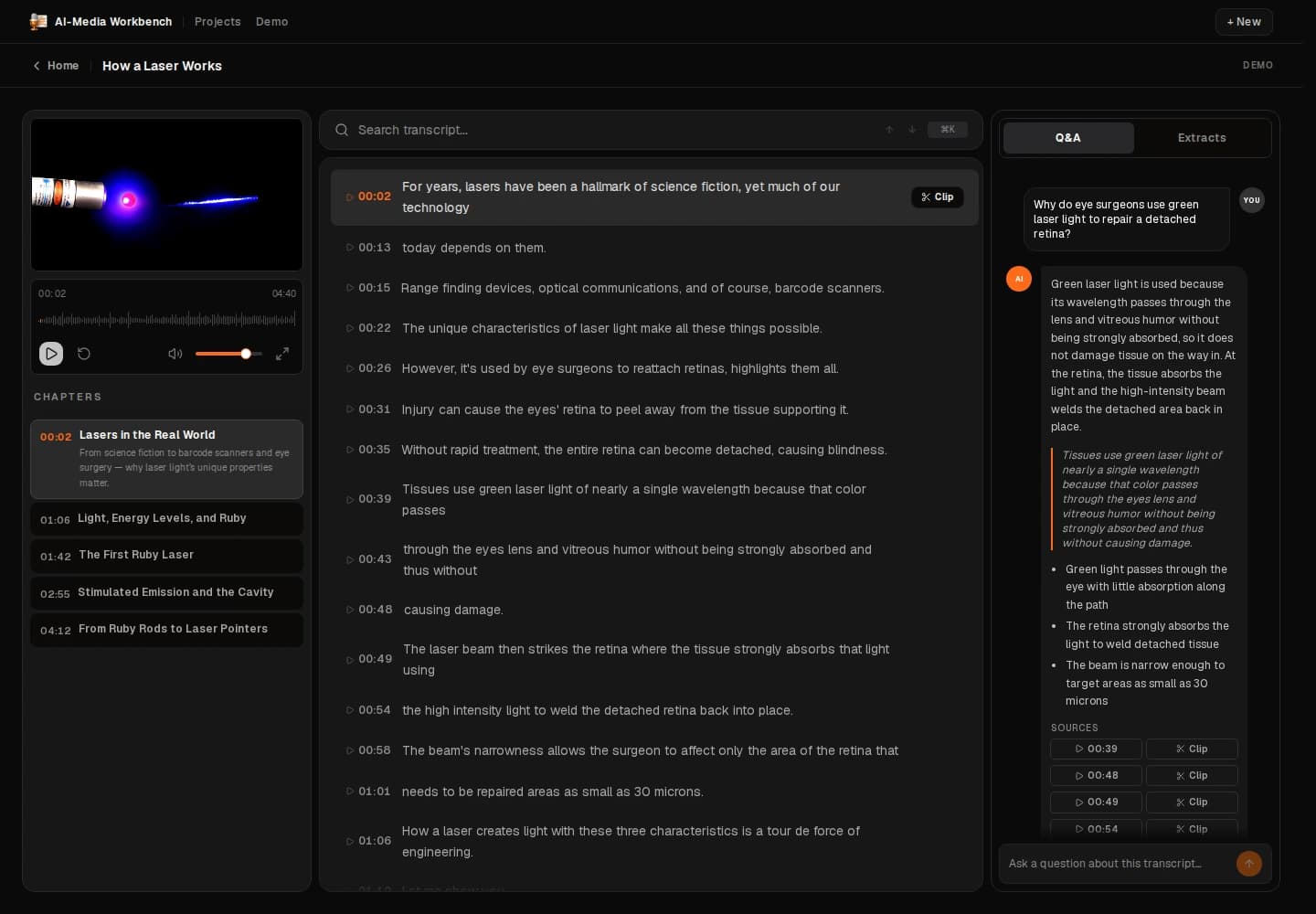 Media Workbench with a video and chapters on the left, a searchable transcript in the center, and answers with source timestamps on the right.